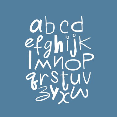 Küçük harfler elle çizilmiş. Mektup. Modaya uygun komik çocukların şakacı yazı tipi. Latin alfabesi. Mavi-gri arkaplanda vektör alfabesi.