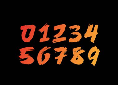 Japon tarzında eşsiz figürler, fırçayla elle çizilmiş. Mektup. Siyah arkaplanda renkli vektör numaraları.