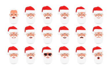 Neşeli Noel Baba 'nın yüzündeki ifade. Güzel, şık sakallı büyükbaba. Gözlüklü ve kırmızı şapkalı yaşlı bir Noel Baba 'nın farklı duyguları. Gülümse, mutluluk, öfke, sürpriz, korku, üzüntü, vs. Vektör illüstrasyonu.