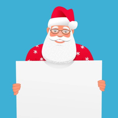 Gri saçlı bir Noel Baba 'nın elinde beyaz, boş bir pankart. Bir şablon, ilanın için bir yer. Mavi arkaplanda vektör illüstrasyonu.