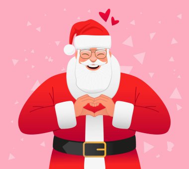 Gülümseyen Noel Baba avuçlarını kalp şeklinde katladı. Yaşlı Noel Baba seni seviyor. Noel Baba gözlüklere ve güzel bir takıma aşık. Yeni yıl kartı. Pembe soyut arkaplanda vektör illüstrasyonu.