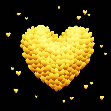 Bir sürü küçük kalpten oluşan büyük altın bir kalp. Sevgililer Günü için festival posteri tasarımı için elementler. Siyah arkaplanda vektör illüstrasyonu.