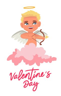 Yayı ve kanatları olan küçük tatlı sarışın melek pembe bir bulutta oturuyor. Zarif harfler - Sevgililer Günün kutlu olsun. Beyaz arkaplanda vektör illüstrasyonu.
