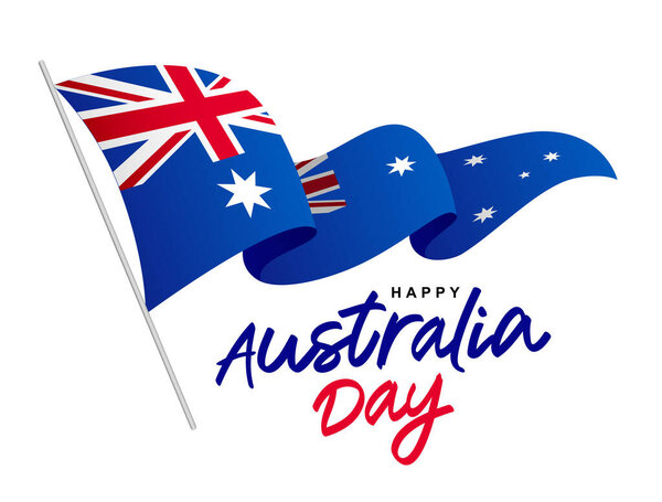 Австралийский флаг висит на флагштоке и развевается на ветру. С Днем Австралии. День первого приземления. Векторная иллюстрация на белом фоне.