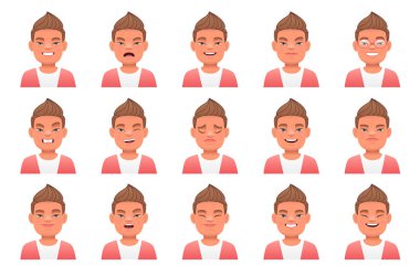 Down Sendromu olan sevimli bir çocuğun farklı duygularının toplanması. Güneşli bir çocuğun yüzündeki ifade bu. Çizgi film tarzında vektör illüstrasyonu.