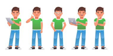 Down sendromlu mutlu çocuk elinde tabletle ayakta duruyor, bir jest yapıyor, gözlüklü, elleri cebinde, elinde dizüstü bilgisayarla bir şey düşünüyor. Güneşli bir çocuğun farklı pozları ve duyguları. Vektör çizimi