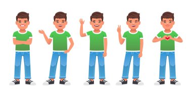 Down sendromlu çocuk kollarını kavuşturmuş, bir şeyi işaret ediyor, elini sallıyor, barış jesti yapıyor, avuçlarını kalp şeklinde katlıyor. Güneşli bir çocuğun farklı pozları ve duyguları. Çizgi film tarzında vektör illüstrasyonu.