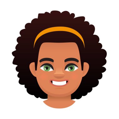 Siyah Afrikalı kıvırcık saçlı bir kızın portresi. Gülümseyen bir çocuğun avatarı. Beyaz arkaplanda vektör illüstrasyonu.
