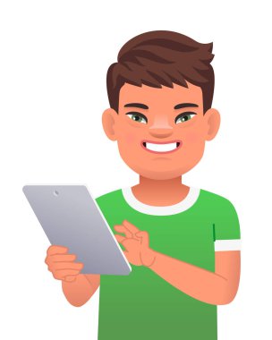 Down sendromlu çocuk elinde tabletle ayakta duruyor. Kendine güvenen zeki çocuk. Neşeli çocuk. Çizgi film tarzında vektör illüstrasyonu.