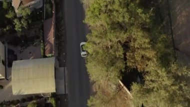 Yeşil ağaçların gölgesinde beyaz bir araba sürüyor. Kırgızistan 'daki Ala-Archa Ulusal Parkı yolu. Yukarıdan bak. Güzel yaz manzarası. Dağlarda aktif eğlence..