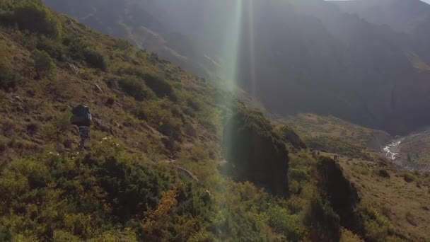 Ведучий Великим Пішохідним Рюкзаком Пішохідними Полюсами Прогулюється Зеленій Гірській Стежці — стокове відео