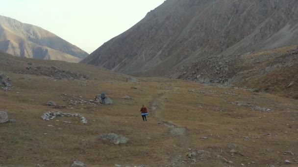 Δύο Ορειβάτες Μεγάλα Σακίδια Και Κοντάρια Πεζοπορίας Προσεγγίζουν Ένα Μεγάλο — Αρχείο Βίντεο