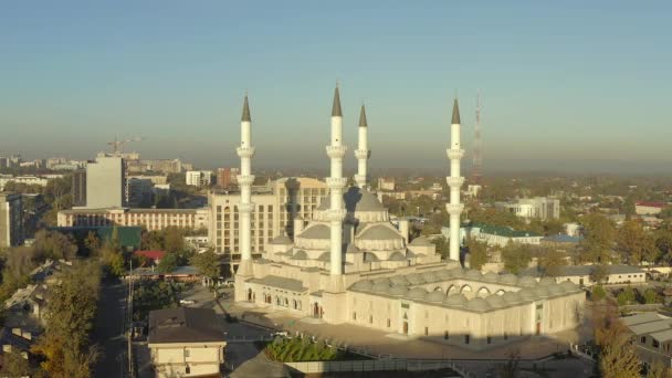 いくつかの鳥がイマーム サラッシ共和国中央モスクの上を飛んでいる 中央アジア最大のイスラム宗教建築 ビシュケクの主なアトラクションの1つ — ストック動画