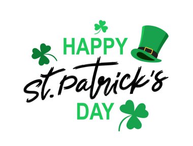 Yazı, Aziz Patrick Günü 'nüz kutlu olsun. Beyaz arka planda yeşil leprikon şapka ve yeşil yoncalar. Mektup. İrlanda 'nın koruyucu azizinin öldüğü gün olan 17 Mart için şenlikli bir kartpostal. Vektör illüstrasyonu.