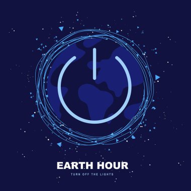Dünya Saati. İklim değişikliği, ışık kirliliği ve diğer çevre konularına olan ilgiyi artırmak için herkesi bir saatliğine ışıkları kapatmaya çağır. Poster, pankart veya kartpostal için vektör illüstrasyonu.