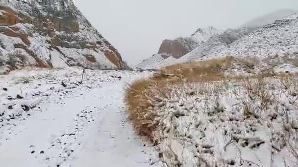 Водіння Автомобіля Засніженій Дорозі Горах Конорецький Каньйон Подорож Киргизстану Взимку — стокове відео