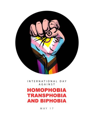 İnsan eli LGBT bayrağı renginde bir yumruğa sıkıştı. 17 Mayıs - Homofobi, Transfobi ve Bifobi Karşıtı Uluslararası Gün. Beyaz arkaplanda vektör illüstrasyonu.