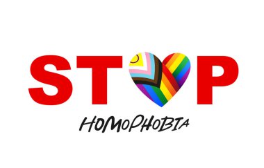 Homofobiyi bırak. O harfi, gökkuşağı LGBT bayrağı renginde kalp şeklinde. Uluslararası Homofobi, Transfobi ve Bifobi Günü. Beyaz arkaplanda vektör illüstrasyonu.