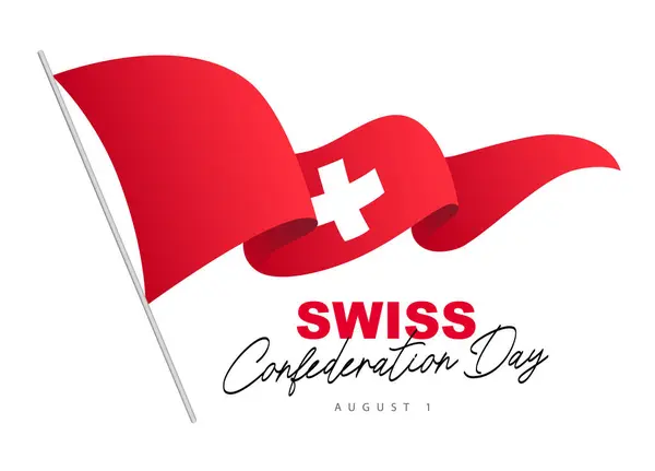 Drapeau Suisse Flotte Sur Mât Journée Confédération Suisse Fête Nationale Illustration De Stock