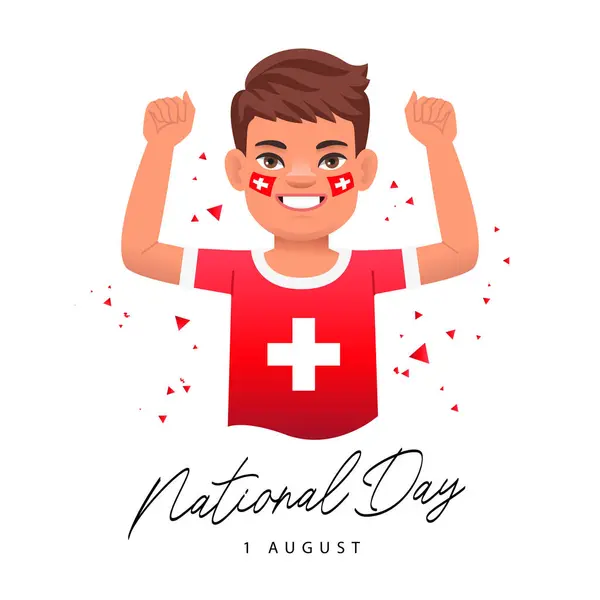 Národní Svátek Počest Založení Švýcarska Usmívající Šťastný Chlapec Švýcarskými Vlajkami Royalty Free Stock Vektory