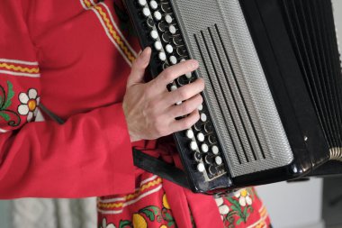 Folk kostümü giymiş bir akordeon çalar, akordeon çalar, elde yakın plan. Adam elinde küçük bir akordeon tutuyor. Müzisyen geleneksel bir Rus enstrümanı çalar. İlham