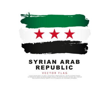 Suriye bayrak devrimi. Yeşil, beyaz ve siyah fırça darbeleri, el çizimi. Üç kırmızı yıldız. Beyaz arkaplanda vektör çizimi izole edildi. Renkli Suriye bayrağı logosu.