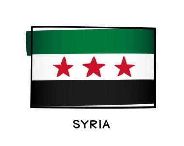 Devrim Suriye bayrağı. Renkli Suriye bayrağı logosu. Yeşil, beyaz ve siyah fırça darbeleri, el çizimi. Siyah özet. Vektör illüstrasyonu beyaz arkaplanda izole edildi.