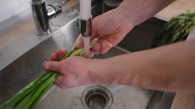 Suyun altında scallion yıkayan bir adamın yakın çekimi. Adam mutfağı işletiyor. Yemek pişiriyorum. Yeşillikleri yıkıyorum.