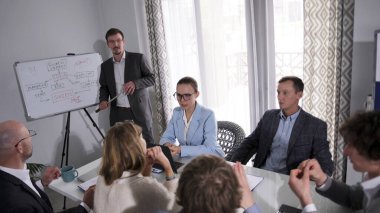 Davet edilen koç eğitimi işletme şirketinin ofisinde yürütür. Fikirlerin, risklerin ve planların tartışılması. Sahne profesyonel ve odaklı.