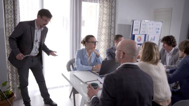 Profesyonel bir akıl hocası bu fikri sayılarla desteklemeye ve bir şirket geliştirme planı hazırlamaya yardımcı olur. Bir grup insan konferans odasında bir masada oturuyor. Bir adam grubun önünde duruyor ve bir sunum yapıyor.