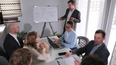 Şirketin iş stratejisinin tartışılması. Bir grup insan dizüstü bilgisayar ve kağıtlarla dolu bir masada oturuyor, önlerinde beyaz bir kurul ve bir konuşmacı var. Bir adam tahtanın önünde durup bir grupla konuşur.