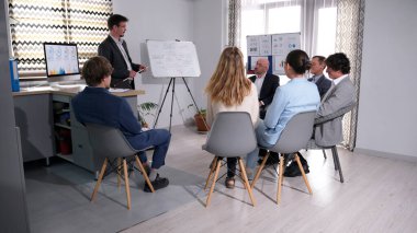 Danışman, iş adamlarının şirketinde eğitim veriyor. Bir grup insan bir konferans odasında sandalyelerde oturuyor ve bir sunum dinliyorlar. Ofisteki verimliliği ve takım çalışmasını artırın