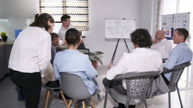 Bir grup uzman bir iş fikrinin aşamalarını tartışıyor. Akıl hocasının kriz anlarında grup etkileşimi dersi. İş konsepti