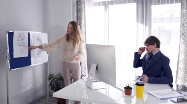 Bir mimarlık şirketinin kadın tasarımcısı, şirketin müdürü için bir sunum düzenler. Gözlüklü ve takım elbiseli bir adam elinde bir bilgisayar ve bir fincan kahveyle masada oturuyor ve dikkatlice bina planlarına bakıyor.