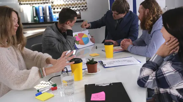 Bölüm başkanı toplantı odasında bir brifing düzenliyor. Bir grup insan bir masada oturmuş kriz durumunda iş geliştirme stratejisini tartışıyorlar..