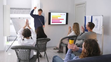 Mini iş konferansı. Bir grup insan, ofisin en iyi çalışanı olan meslektaşlarını alkışlıyor. Başarılı bir profesyonel yönetici sunum yapar