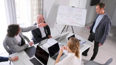 Genç bir danışmanlık firmasındaki brifingde iş stratejisini tartışma süreci. Elinde kalem olan bir konuşmacı elinde diyagramı olan bir tahtada duruyor. Bir grup insan dizüstü bilgisayarlarla bir masada oturuyor.