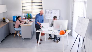 Bir grup ofis çalışanı mimarlık bürosunda çalışıyor. Mühendis, baş mimarla kır evinin tasarımını koordine ediyor. Tasarımcı bilgisayar monitörüyle bir masada oturuyor.