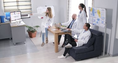 Bir grup doktor, meslektaşlarının sunumunu kliniğin rahat toplantı odasında izliyorlar. Genç bir bayan stajyer bilgisayar ekranında ders veriyor. İlaç ve sağlık
