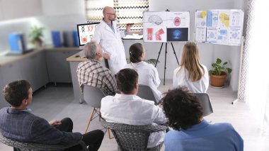 Bir hastane çalışanı stajyerlere ders veriyor. Personel odasındaki sandalyelerde oturan bir grup insan kliniğin doktorunun sunumunu dinliyorlar. Bilimsel araştırmalar ve tıbbi buluşların tartışılması.