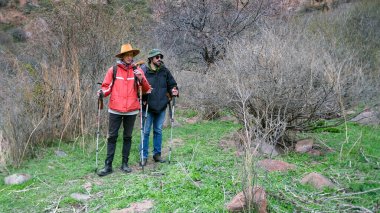 İki yorgun yolcu soluklanmak için yolda durdu. İnsanlar küçük bir ormanda yürüyorlar. Uzun bir yürüyüş gününden sonra etrafa bakınıp rahatlarlar..