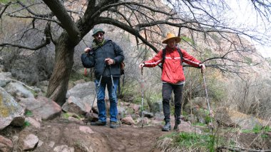 İki arkadaş kısa bir dinlenme için bir yer seçtiler. Çocuklar kayalarla kaplı büyük bir ağacın yanında duruyorlar. Dağlık arazide gezinti. Doğa ve Macera