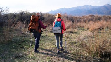 İki parlak elbiseli gezgin yürüyüş yapmaktadır. Kız kardeşler sırt çantaları ve yürüyüş direkleriyle ülkelerinin genişliğinde yürüyorlar. Aktif hafta sonları. Güzel doğa.