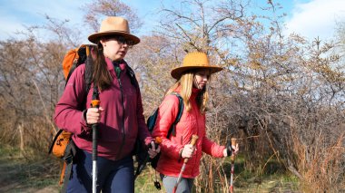 Lezbiyen çift vahşi doğada yürüyor. Hafta sonu kamp gezisi. Bir kadın şirketi yürüyüş yapmakla meşgul. Seyahat ve seyahat. Doğa ve temiz hava ile birlik.