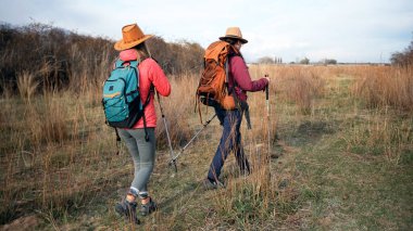 İki kız kardeş ülkelerinin genelinde birlikte seyahat ederler. İki kadın piknik gezisinde sırt çantalarıyla bir tarlada yürüyorlar. Gezinti ve yürüyüş.