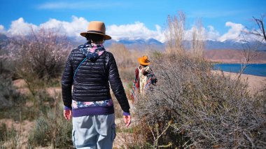 Vahşi doğada yürüyen turistler, arkadan manzaralı. Güzel bahar manzarası. Şapkalı ve siyah ceketli bir kadın çalılıkların arasında arkadaşını takip ediyor.