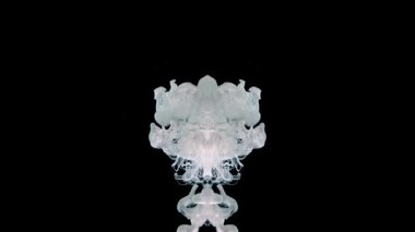 Suluboya mürekkebinin beyaz artistik patlaması. Bulutlar ve buhar esrarengiz bir şekilde karanlık bir arkaplanda dönüyor. Psikedelik ekran koruyucu. Büyüleyici bir şamanın ritüeli..