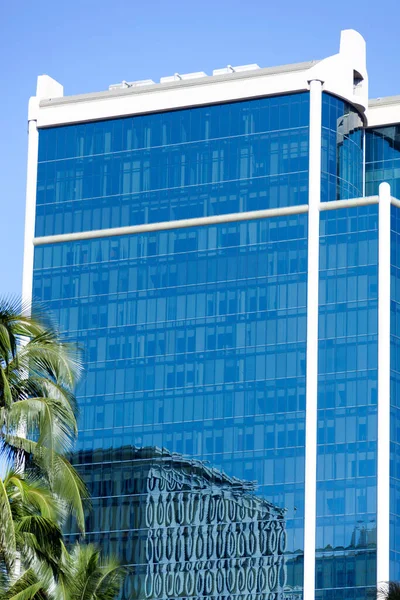 Szkło Pokryte Niebieskim Drapaczem Chmur Pobliżu Palm Odbiciem Budynku Honolulu — Zdjęcie stockowe