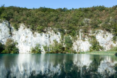 Plitvice Gölleri Ulusal Parkı 'ndaki (Hırvatistan) sarp kıyı manzarası ve sakin sabah suları).