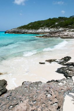 Half Moon Cay üzerinde turkuaz renk dalgalarıyla küçük kayalık bir sahil manzarası (Bahamalar)).